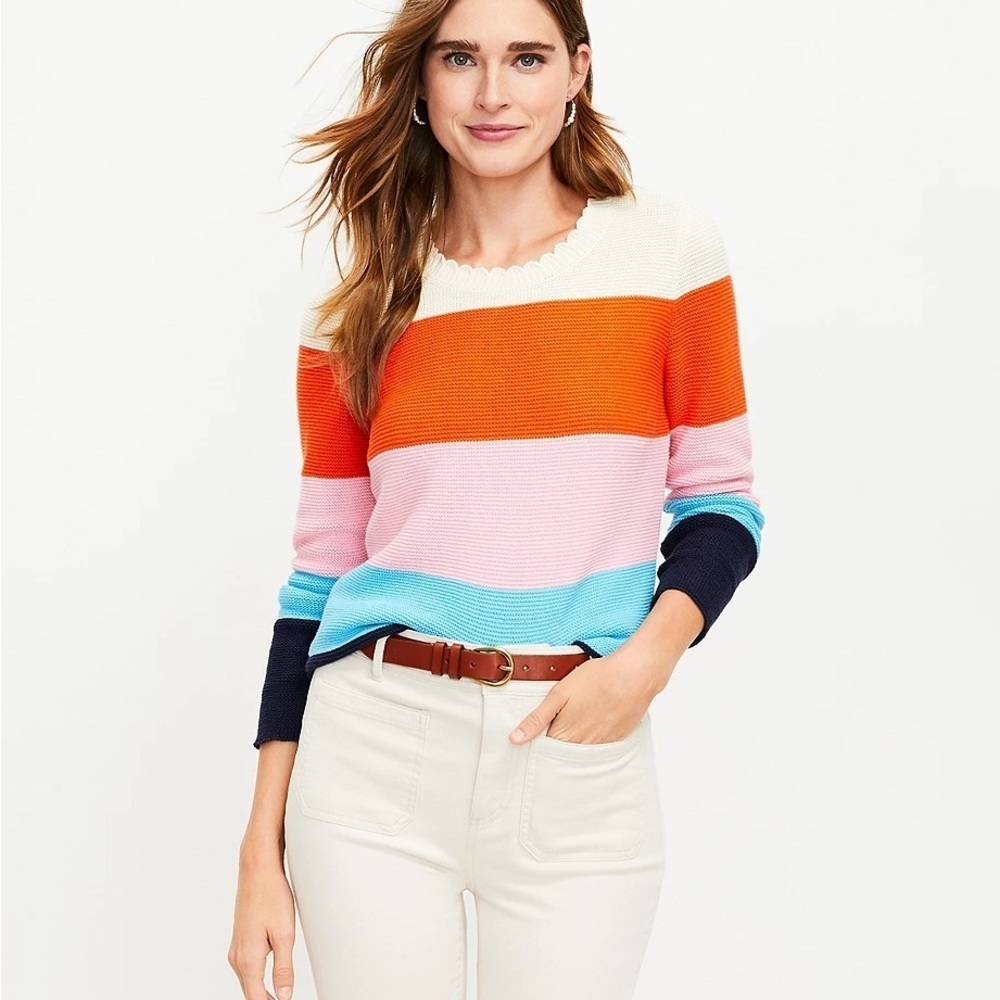 LOFT Petites Rainbow Stripe Scalloped Neck Sweater SP Cotton Blend